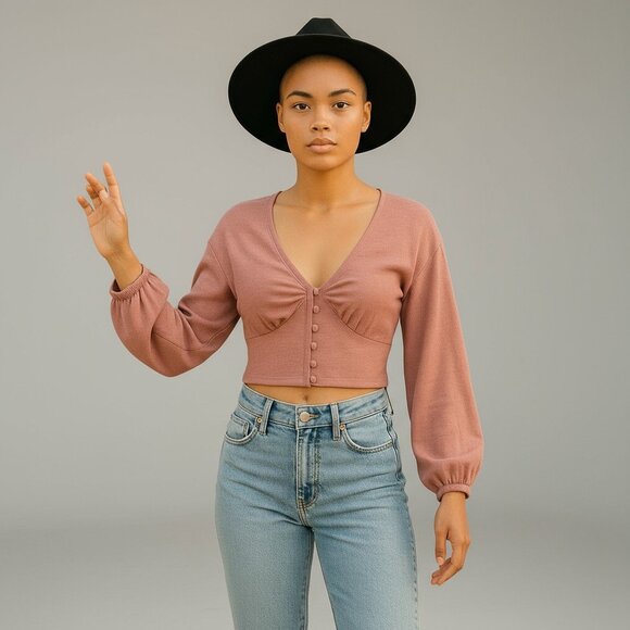 Crop Sweater Pink Long Sleeve Button Front Knit Top Crop Sweater Backyard Roses - Picture 1 of 3
